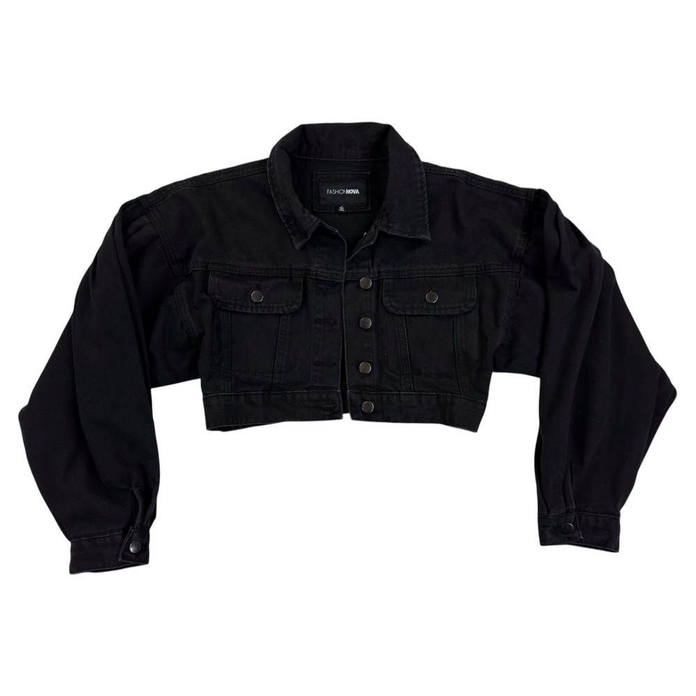Fashion Nova Denim Jacket S Black Cropped Puff Sleeve Button Up Streetwear Goth